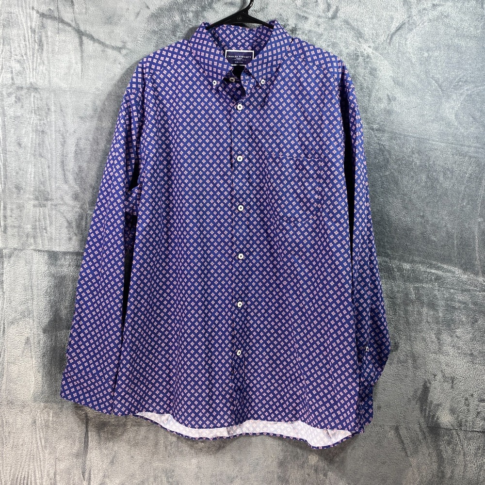 Charles Tyrwhitt Shirt Mens XL Blue Floral Geometric Non-Iron Cotton Classic Fit